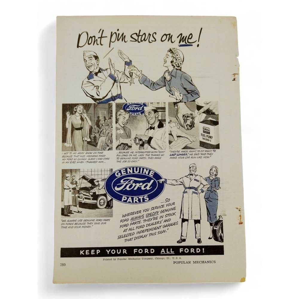 1951 Ford Parts Print Ad Comic Mechanic Genuine Repairs Chicago IL MCM Ephemera‎